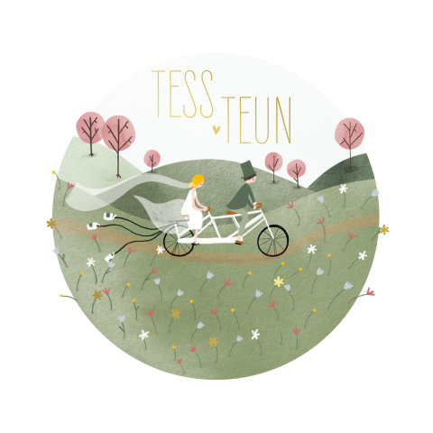Trouwkaart fiets bruidspaar bloemen