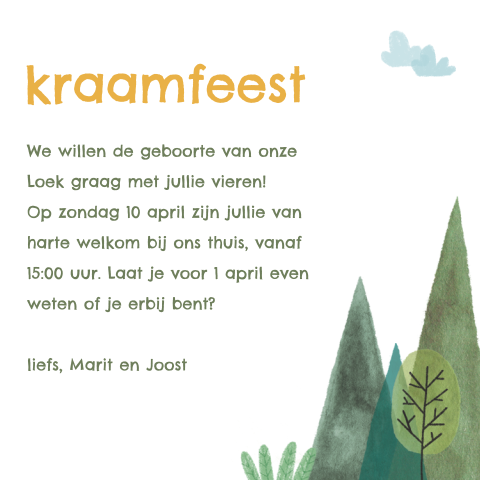 Kraamborrel kaartje water bergen wiegje