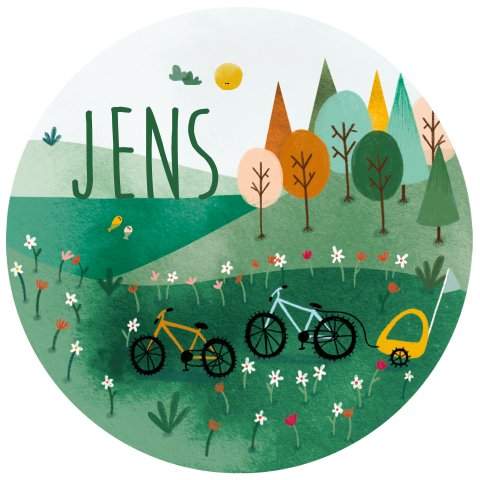 Geboortekaartje stans waterverf landschap bergen fiets