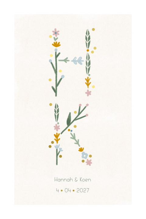 Trouwkaart bloemen letters goudfolie