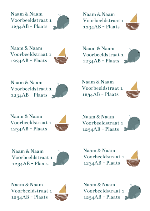 Adressticker bootje walvis
