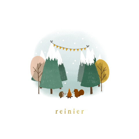 Geboortekaart minimalistisch winterbos bosdiertjes vuurtje