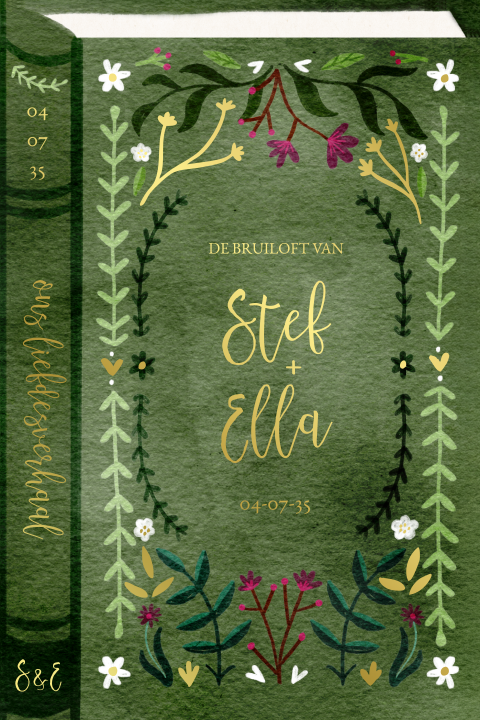 Trouwkaart boek voorkant goudfolie bloemen