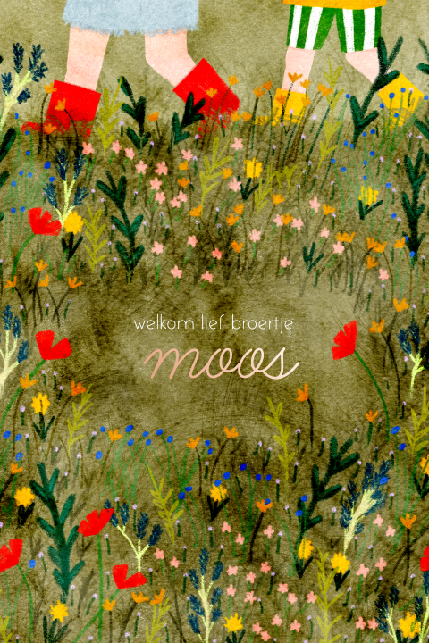 Geboortekaartje grote zus broertje wildbloemen laarsjes zomer