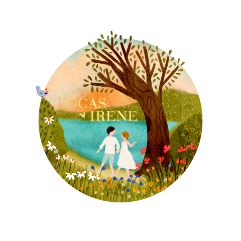 Zomerse trouwkaart met natuur illustratie en bruidspaar