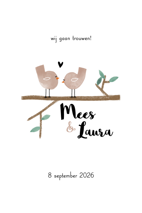 Trouwkaart vogeltjes tak illustratie