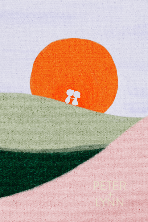 Trouwkaart illustratie landschap ondergaande zon lila