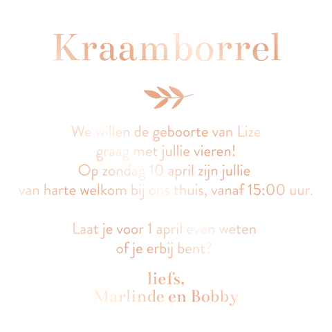 Kalkpapier kaartje uitnodiging kraamborrel roségoudfolie