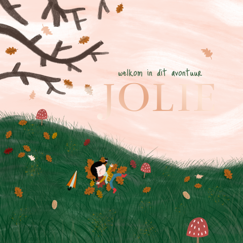 Geboortekaartje illustratie weiland avontuur meisje herfst