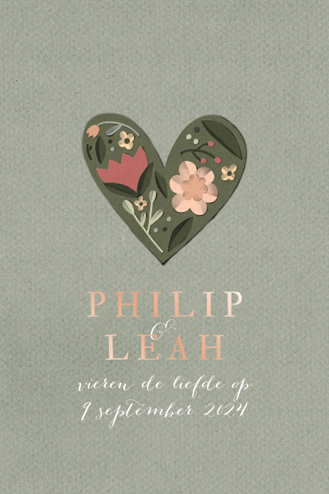 Trouwkaart papier illustratie hart bloemen