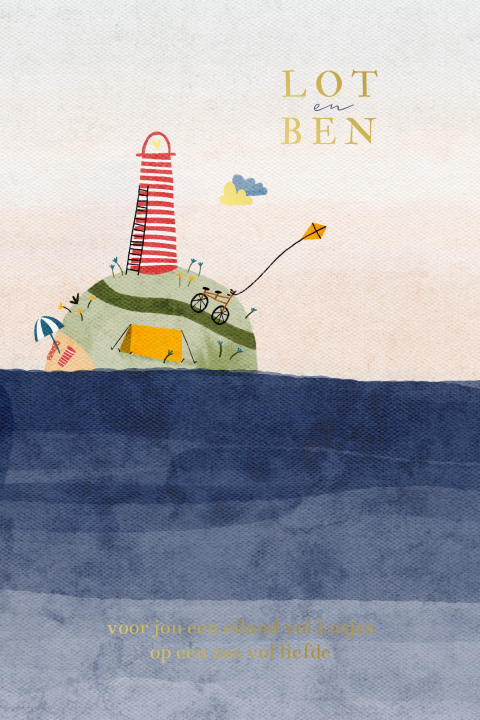 Trouwkaart illustratie zee eiland vuurtoren waterverf