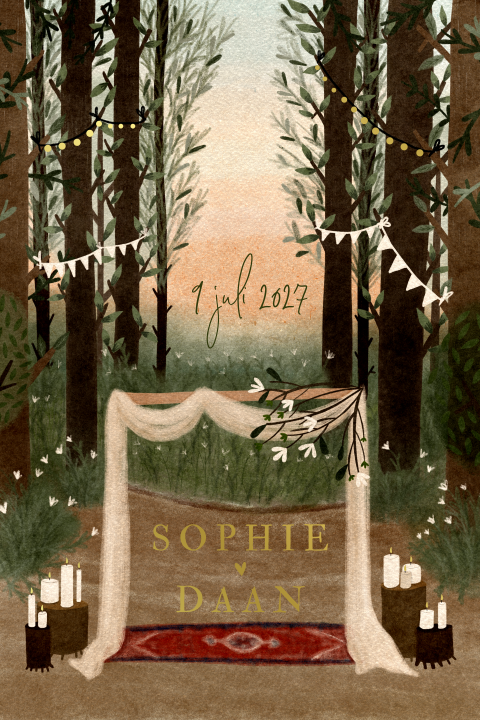 Trouwkaart bos illustratie backdrop lightbulbs