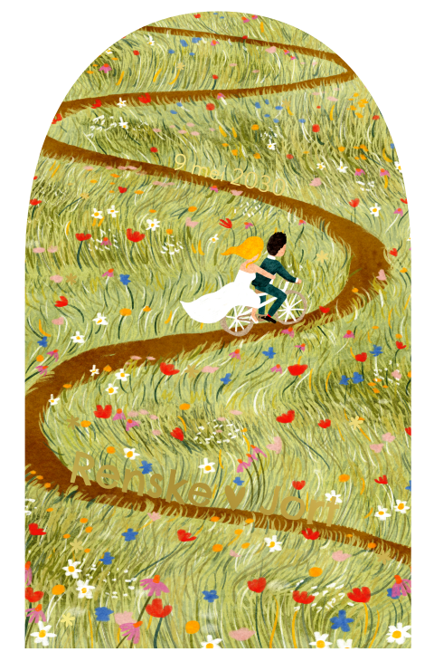 Romantische trouwkaart met fietsillustratie, wildbloemen en goudfolie