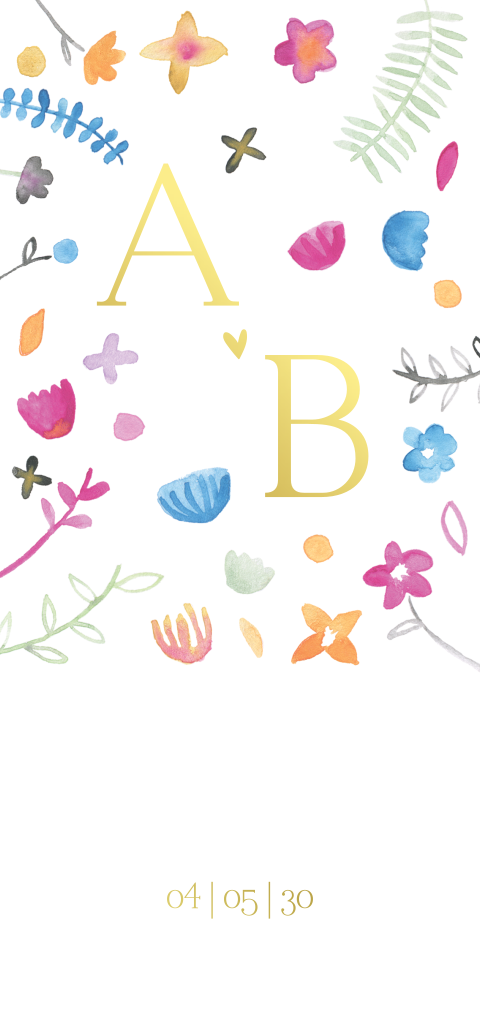 Trouwkaart watercolourbloemen en goudfolie