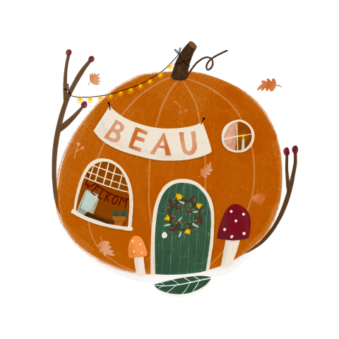 Geboortekaartje herfst pompoen huisje