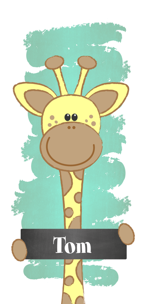 Geboortekaart jongen grappige giraffe met een naambord Tom