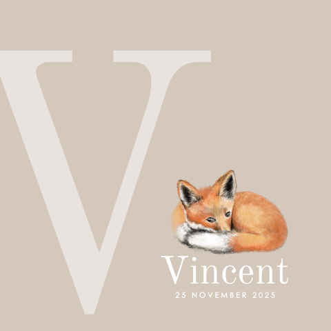 Geboortekaartje jongen taupe met lief getekend vosje Vincent