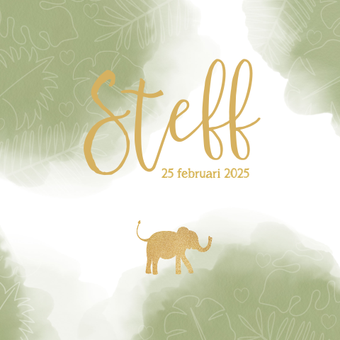 Rondhoek geboortekaart jungle waterverf silhouet olifant Steff