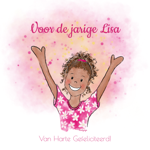 Vrolijke felicitatiekaart meisje confetti – gepersonaliseerd met naam
