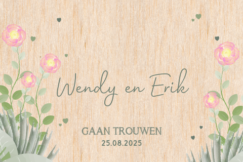 Trouwkaart van echt hout in botanische stijl