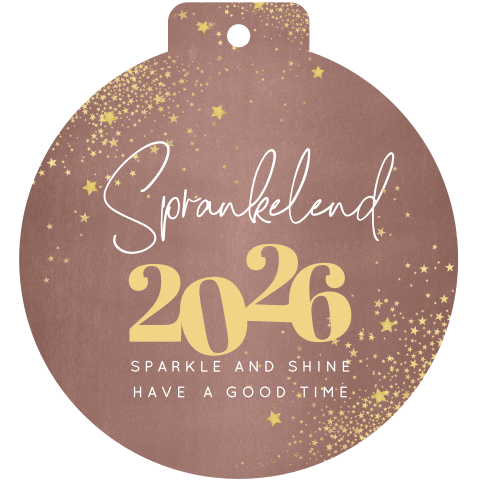 Trendy kerstkaart kerstbal vorm met goudkleurige sterren 2026
