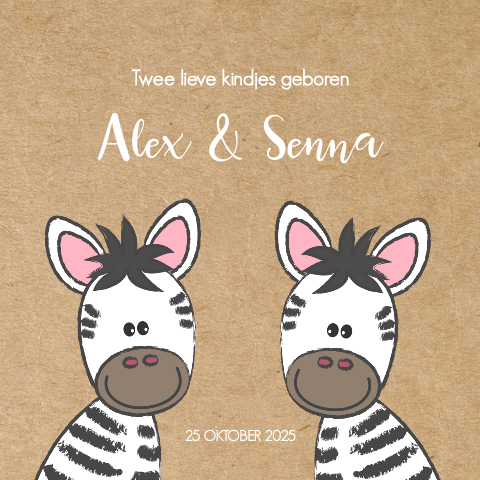 Schattig uniseks geboortekaartje voor tweeling kraft-look en zebra's