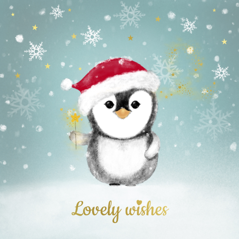 Winterse kerstkaart met winterse tekening pinguin met kerstmuts