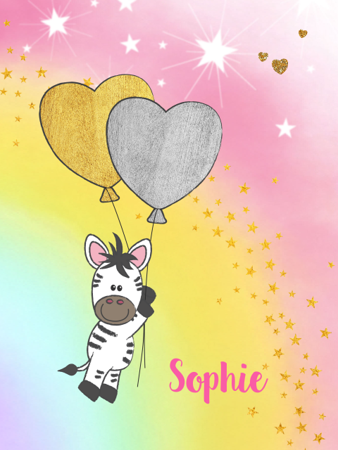 Regenboog poster zebra en ballonnen 30x40