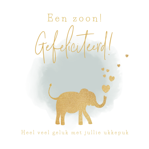 Felicitatie geboorte jongen waterverf silhouet olifant met hartjes