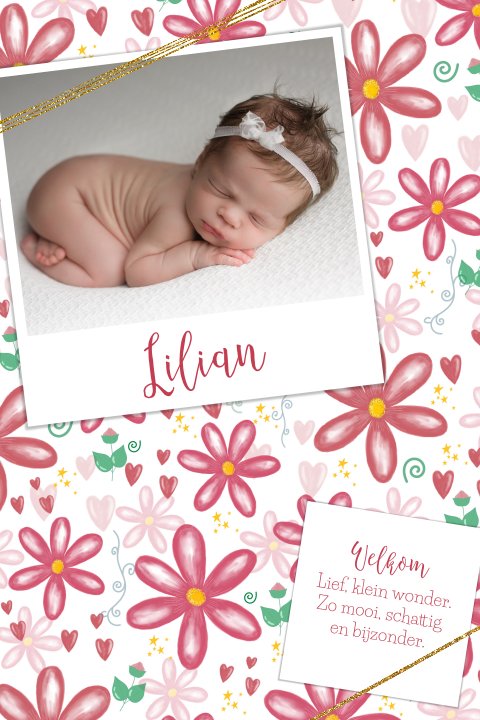 Fleurig en kleurrijk geboortekaartje met foto Lilian