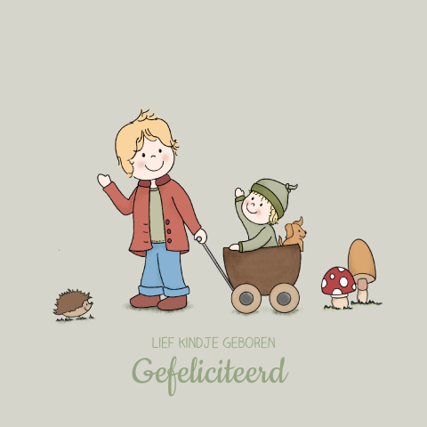 Felicitatie geboorte jongen- jongen met zusje in bolderkar
