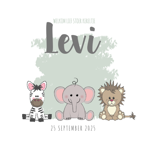 Geboortekaart grijsgroen met lieve dieren Levi