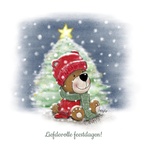 Schattige kerstkaart met een lief beertje in de sneeuw