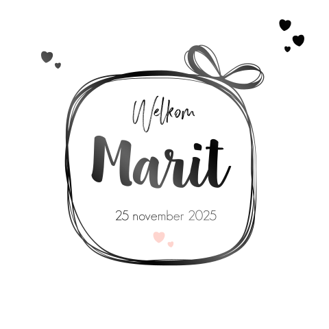 Geboortekaart modern cadeautje hartjes zwarte folie Marit
