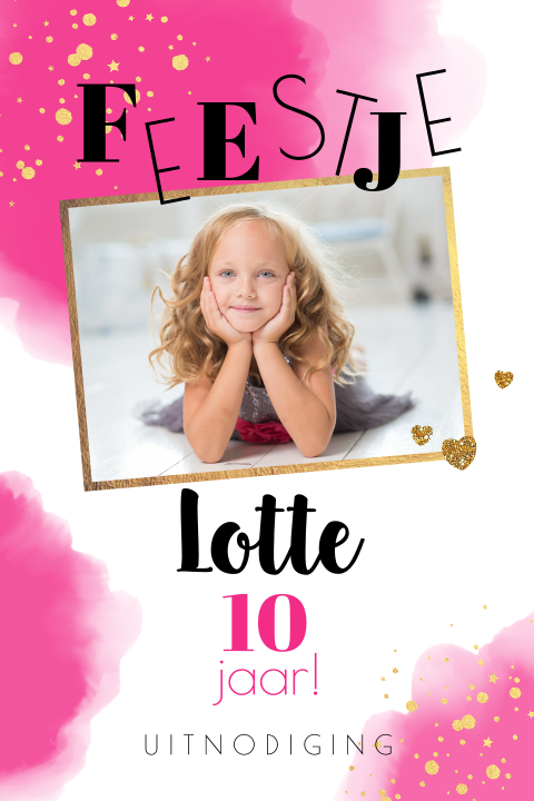 Uitnodiging kinderfeest knalroze waterverf goud spetters en foto