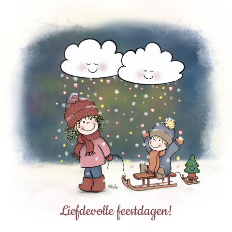 Schattige kerstkaart kinderen kindje op een slee onder hartjes sneeuw