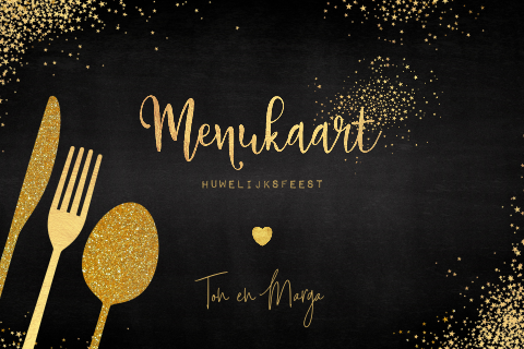 Sfeervolle menukaart goud glitter bestek en sterren