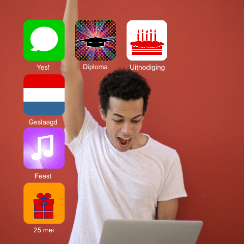 Originele foto uitnodiging geslaagd feest met app icons