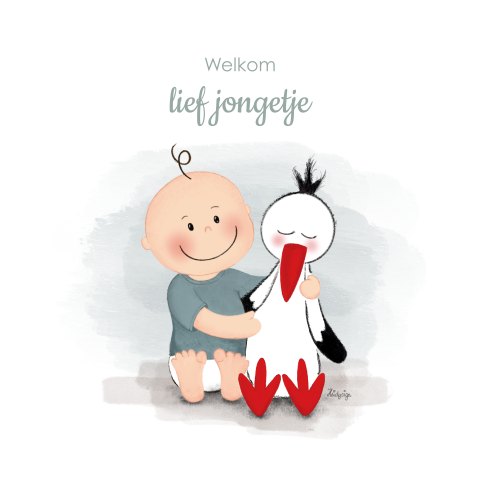 Felicitatie geboorte jongen schattige baby en ooievaar