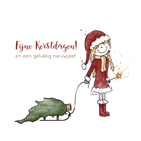 Kerst wenskaart tekening lief kerstmeisje en kerstboom