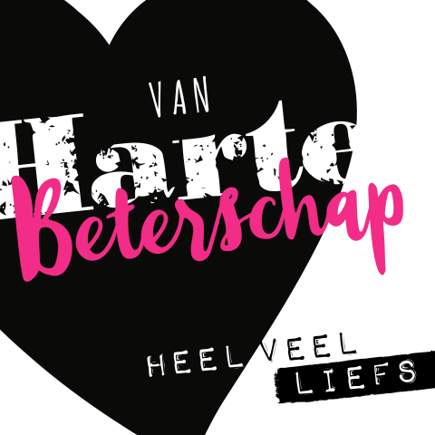 Beterschap kaart zwart wit roze met groot hart