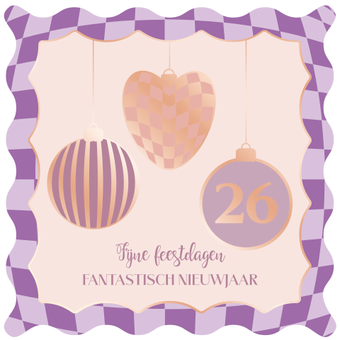 Roségouden kerstkaart met retro kerstballen en paarse golfrand