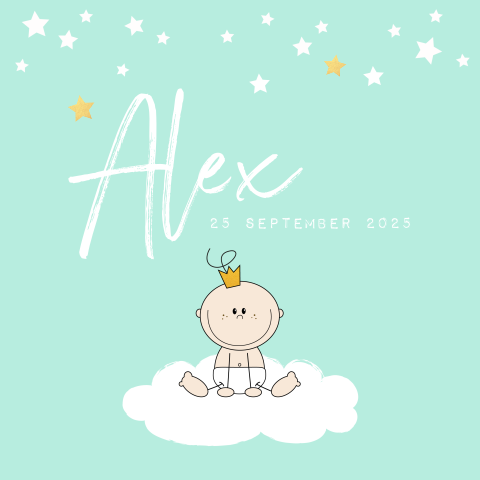 Geboortekaart jongen prinsje wolken sterren Alex