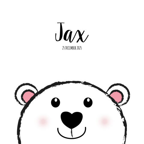 Geboortekaartje zwart-wit met een lief stoer ijsbeertje Jax