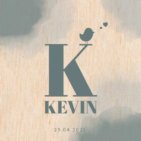 HOUT geboortekaartje ash green waterverf silhouetvogeltje Kevin