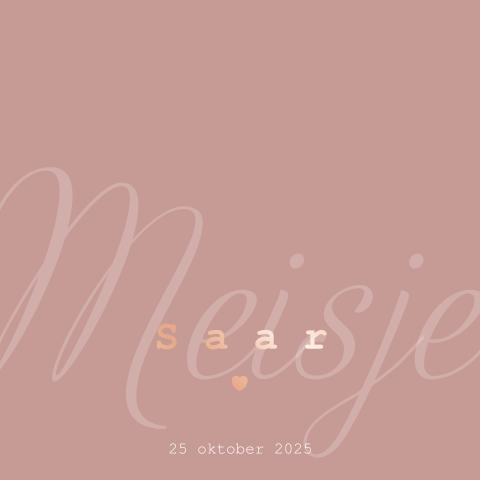 Stijlvolle geboortekaart hartje roségoud-folie Saar