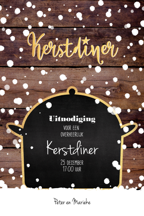 Sfeervolle uitnodiging kerstdiner hout pan en sneeuwvlokken