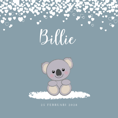 Winters geboortekaartje jongen lief koala beertje en hartjes