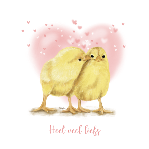 Schattig kaartje met twee kuikentjes met veel liefs