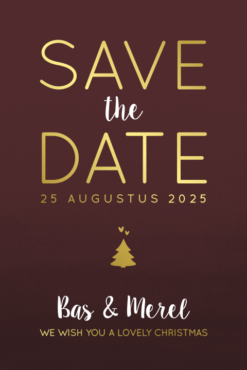 Moderne save the date kerstkaart donker rood en goudfolie